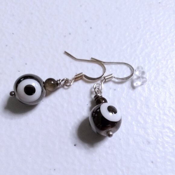 Dark Gray Evil Eye Beaded Dangle Earrings! Protective Charm Meets Modern Chic - Picture 2 of 8